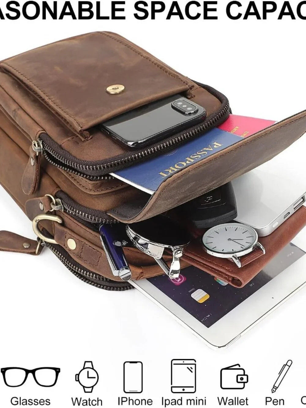 Men's Brown Leather Shoulder Sling Travel Crossbody Stylish Magnetic Buckle Bag